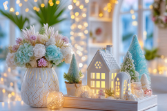 Cozy Christmas decor with glowing lights. High quality photo Product Image 1
