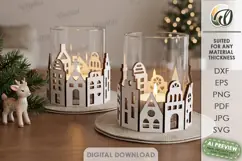 Christmas Village Candle Wrap Laser Cut. Christmas Decor SVG Product Image 1