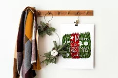christmas sublimation design with gingerbread and cookie drawings on a green and red background with a phrase love peace and Christmas cookies on a white hanging poster