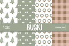 Christmas digital papers with sage pine trees, wreaths and brown plaid patterns