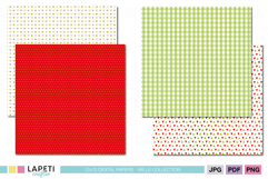 Red and green Christmas digital papers with gingham, hearts, dots, and triangle tree-inspired patterns.