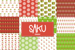 Christmas digital paper pack with festive red and green patterns, including gifts, ornaments, candy canes and elf hats.