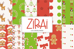 Set of Christmas digital papers featuring reindeer, trees, candy canes, bows, and elves in red and green.