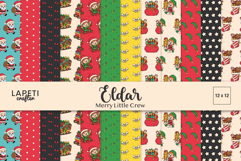 Christmas digital papers featuring Santa, elves, reindeer, and gift patterns in cute festive colors for holiday crafts and scrapbooking.