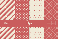 Christmas digital paper set with red and cream patterns including stripes, dots, hearts, and grid backgrounds, perfect for festive crafts.