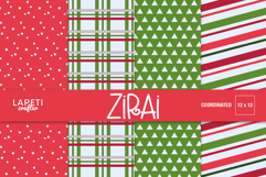 Christmas digital paper set featuring red and green patterns with plaid, stripes, triangles, and snow dots, perfect for festive crafts and printables.