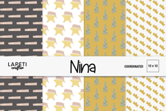 Christmas digital paper set featuring cute stars with Santa hats, festive trees, and gift patterns in warm gold and pastel tones.