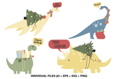 Cute Christmas dinosaur carrying gifts with Seasons Greetings message