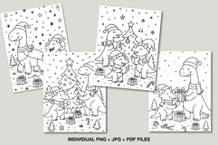 Set of cute Christmas dinosaur coloring pages featuring dinosaurs with gifts, trees, and winter decorations, printable art for kids.