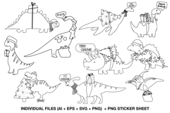 Christmas dinosaur digital stamps bundle with holiday dinosaur line art designs