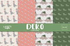 Cute Christmas dinosaur papers with Santa hats, scarves, and Christmas trees in festive colors.