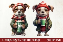 Christmas Dog And Coffee Clipart, Christmas Dog And Coffee Clipart, Christmas Dog Clipart Bundle, Christmas Dog Watercolor, Watercolor Christmas Dog