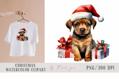 Watercolor Christmas dog with gift boxes clipart- 1 png file Product Image 1