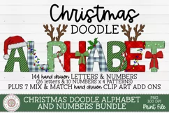 Hand drawn Christmas doodle letters and numbers with matching Clipart mockup preview