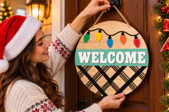 Christmas Door Hanger SVG, Plaid Welcome Sign Laser Cut Product Image 1