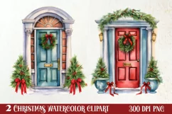 Christmas Door Watercolor Clipart, Christmas Door PNG Product Image 1