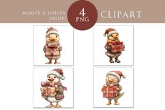 Set of 4 watercolor Christmas duck illustrations featuring festive outfits and holiday gifts, perfect for crafting, card making, and digital designs.