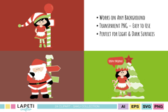 Christmas elf and Santa clipart showcased on colored backgrounds, highlighting festive PNG illustrations.