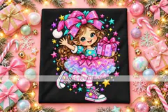 Christmas Elf Girl PNG with Gift, Tutu and Oversized Bow Product Image 1