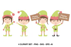 Cute Christmas elf girl waving in green and coral festive outfit