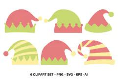 Cute Christmas elf hat illustrations in festive pink, green and yellow colors.