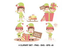 Cute Christmas elf pulling a sled filled with wrapped holiday gifts