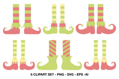 Cute Christmas elf legs with striped stockings and curled festive boots.