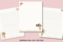 Cute Christmas stationery set with elves and Santa-themed writing paper in soft pastel colors, includes lined and unlined printable pages.