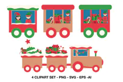 Christmas elf train clipart with elves, wrapped presents, candy canes and festive wagons