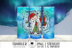 cute winter design with stick figure elf shown on tumblers