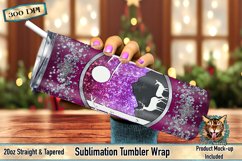 Digital design for 20oz sublimation skinny tumblers. Winter-themed with faux glitter snowflakes, a peekaboo deer in a snowy forest, and a dark pink ombre background