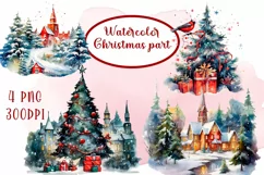 Christmas Forest Cabin Clipart with Snow Covered Fir Trees Product Image 1