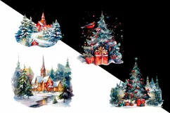 Christmas Forest Cabin Clipart with Snow Covered Fir Trees Product Image 2