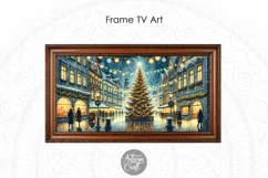 The Christmas Frame TV art shows a watercolor painting of center city decorated for Christmas.