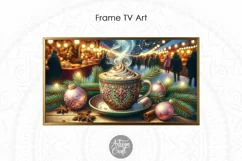 The Christmas Frame TV art shows an illustration of a experience of drinking a delicious cup of hot cocoa at the Christmas market. 