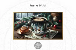The Christmas Frame TV art shows a mug with reindeers on it with delicious coffee 