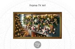 Christmas Frame TV art shows an illustration of Christmas ornament shaped as gingerbread cookies and stars hanging from fireplace mantel made with crocheting yarn