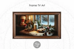 The painting shows a rustic table on which there is a glass of milk, a plate of freshly baked cookies