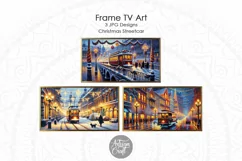 The Christmas Frame TV art collection of three paintings show vintage trams or street cars decorated for Christmas.
