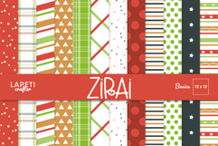 Christmas digital paper pack with geometric patterns in red, green, and gold tones. Includes stripes, polka dots, stars, and plaid designs.