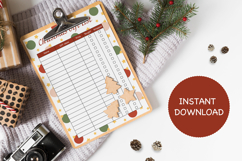 Christmas Gift List printable on clipboard surrounded by wrapped gifts, pine branches, wooden stars, and vintage camera. Cozy holiday flat lay with label reading ‘Instant Download.