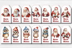 Christmas Gift Tags Bundle Christmas tag printable PNG with watercolor Santa and cute Owl printable Design. The Bundle contains 84 tags individually, 84 us letter sheets per tag with 10 gift tags.