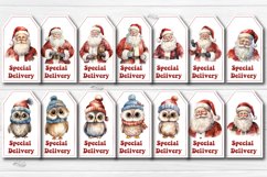 Christmas Gift Tags Bundle Christmas tag printable PNG with watercolor Santa and cute Owl printable Design. The Bundle contains 84 tags individually, 84 us letter sheets per tag with 10 gift tags.