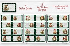 Christmas Gift Tag Stickers designs Christmas tag printable PNG with watercolor Santa, Owl, and Christmas Baby Animals. Cute stickers Design. The product contains 36 designs and 4 sticker sheets with 8 Christmas tags.