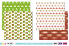 Christmas papers featuring gift boxes, trees, and candy cane signposts – holiday-themed printable backgrounds in red and green.