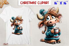 Christmas highland cow clipart PNG Cow girl with hot cocoa Product Image 1