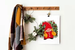 christmas gnome on a leopard print pattern background png design on a white poster hanging