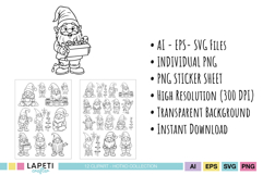 Outline SVG gnome holding Christmas star and tree.