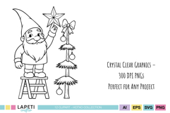 Gnome reading a Christmas book, black outline design.