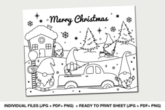 Printable Christmas gnome coloring placemat with festive scene and Merry Christmas title